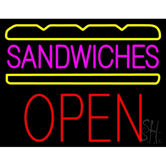 Pink Sandwiches Block Open LED Neon Sign 24 x 31 - inches, Black Square Cut Acrylic Backing, with Dimmer - Bright and Premium built indoor LED Neon Sign for restaurant window and interior decor.