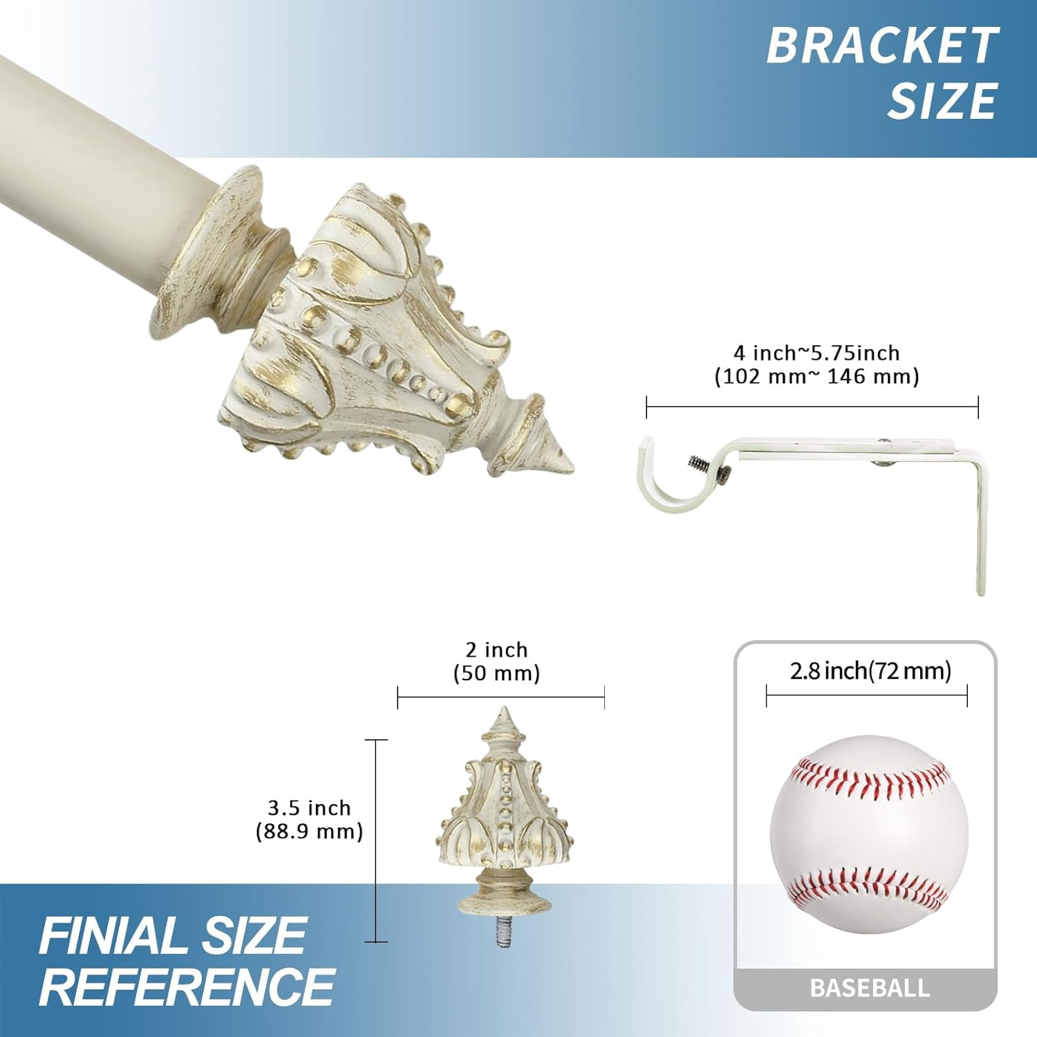 Urbanest Adjustable Single Curtain Rod Set Gilded Regale Finials – 1 - Inch Diameter, With French White Rod, 84–120 Inches