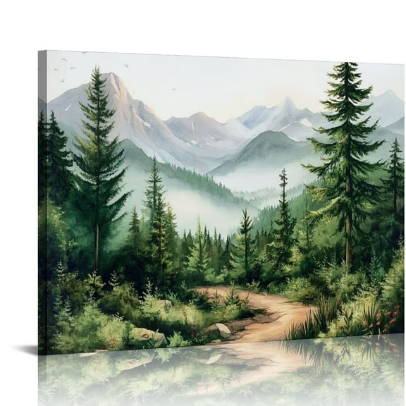 Green Forest Tree Mountain Range Framed Canvas Wall Art, Watercolor Nature Wall Decor, Woodland Nursery Wall Painting, Modern Wilderness Art Print for Living Room, Bedroom, Office