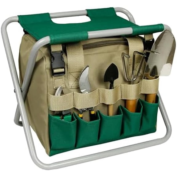 Folding Gardening Stool with Detachable Storage Tote Bag, Multifunctional Gardening Tools Set Organizer for Fishing and Camping,Portable Garden Chair Seat for Adults (Green Khaki)