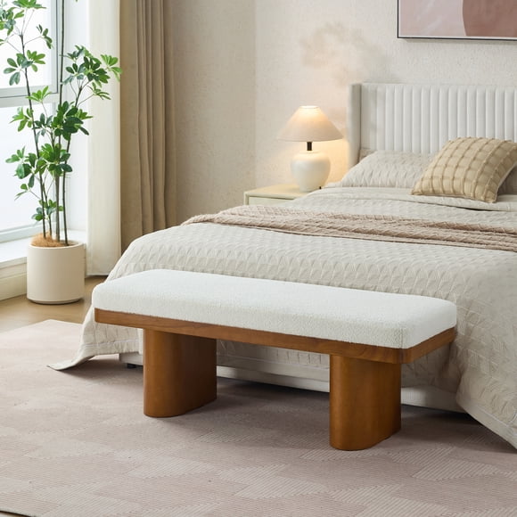 Noble House Wood Bed Bench Ottoman, Teddy Velvet Upholstered End of Bed Bench with Wooden Legs,Brown