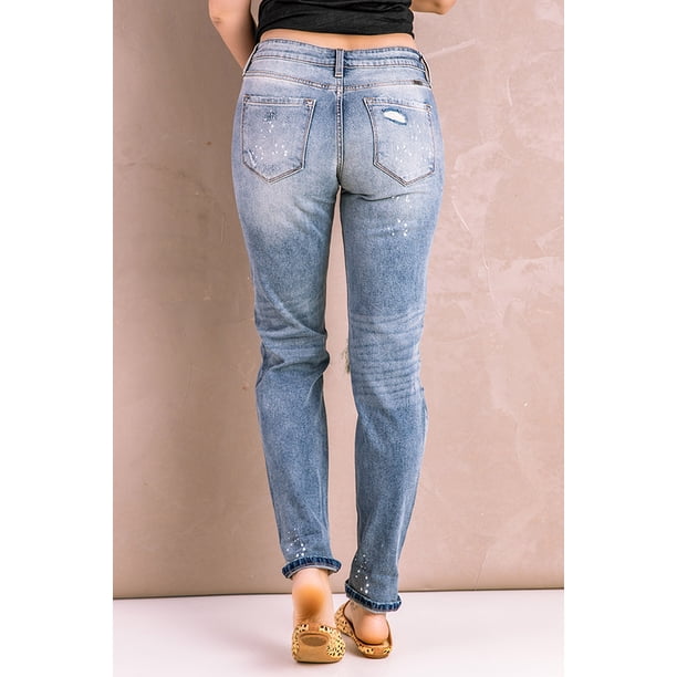 ABPHQTO Pantalones de mezclilla con salpicadura desgastada azul cielo para mujer