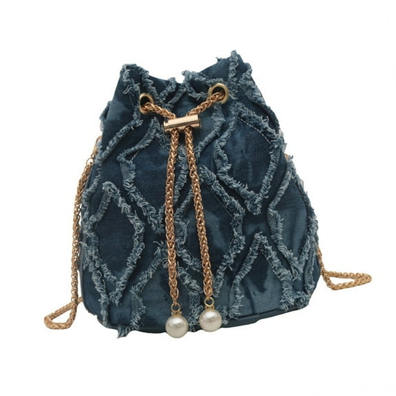 Trendy Tassels Denims Small Bucket Bag for Women Adjustable Chain Strap Crossbody Jeans Purse Drawstring Shoulder Bag