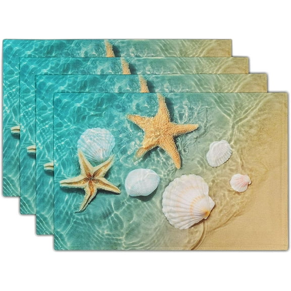 Seashell Starfish Placemats Set of 4 Washable Linen Beach Place Mats 12x18inch Ocean Blue Table Mats for Dining Table Farmhouse Kitchen Decor