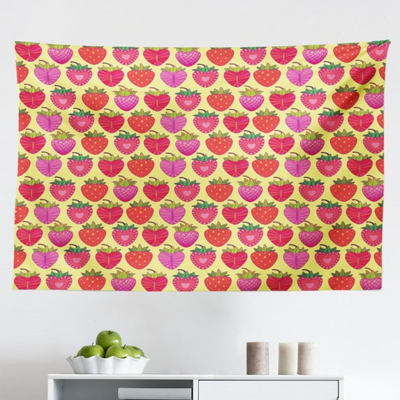Strawberry Tapestry, Retro Style Pattern with Graphic Strawberries and Flower Petals, Fabric Wall Hanging Decor for Bedroom Living Room Dorm, 2 Sizes, Dark Coral Pale Pink, by Ambesonne