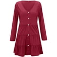 thumbnail image 4 of Long Sleeve Dress for Women V Neck Button Down Solid Color Ruffle Dress Casual Loose Comfy A Line Swing Mini Dresses, 4 of 5