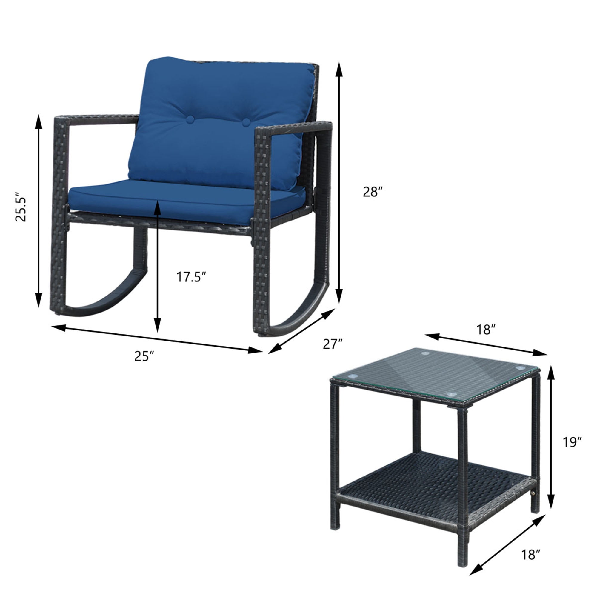 Gymax 3PCS Rattan Rocking Chair Table Set Patio Furniture Set w/ Navy Cushions