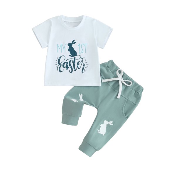 Jxzom My First Easter Baby Boy Outfit Bunny Letter Print Short Sleeve T-Shirt Bunny Pants 0 3 6 12 18 Months Summer Clothes Set