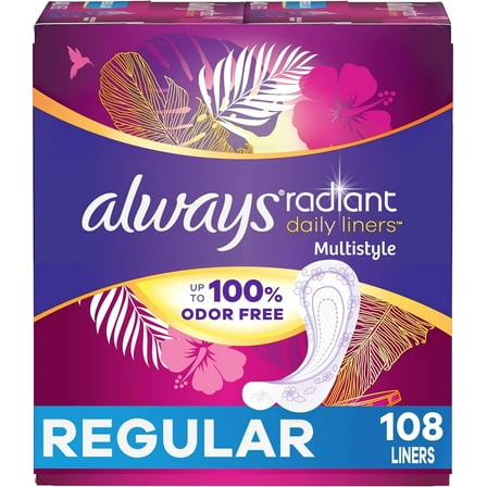 Always Radiant Daily Multistyle Liners Regular Absorbency Unscented, Up to 100% Odor-Free, 108 Count