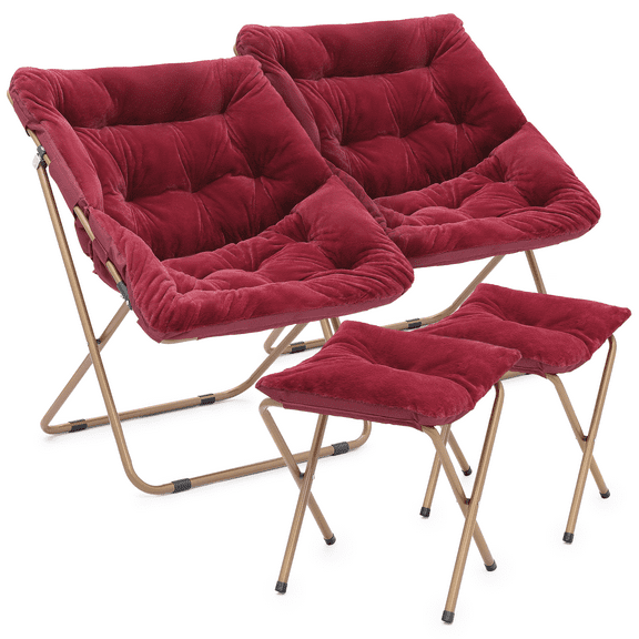 Magshion Set of 2 Folding Cozy Chair with Footrest, Faux Fur Saucer Chair with Ottoman for Bedroom, Foldable Lounge Chair and Foot Stool Set, Red