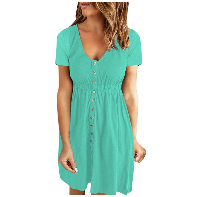 Summer Dresses for Women Short Sleeve Solid V Neck Short Mini Dress Casual Loose Button Ruched A Line T Shirts Dress