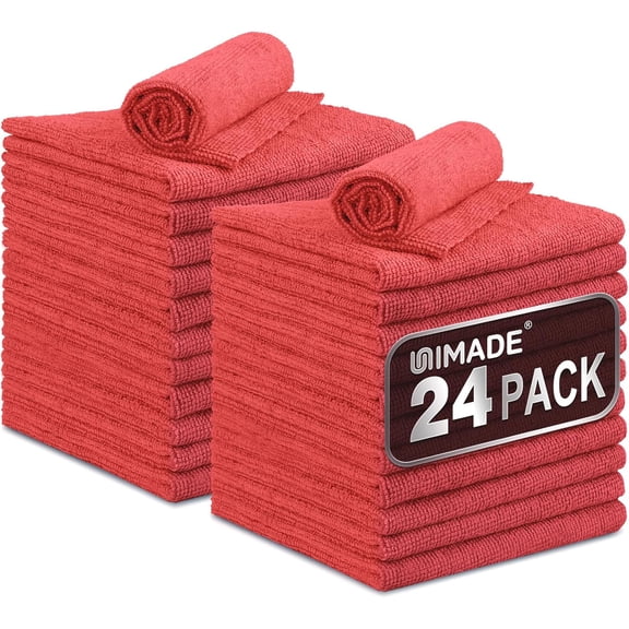 Microfiber Cleaning Cloth, 24 Pack Reusable Microfiber Towels for Cars Lint Free Cleaning Shop Towel Rags for Home Kitchen Automotive Bar Mechanic Restaurant Garage, 11"x 12", Red