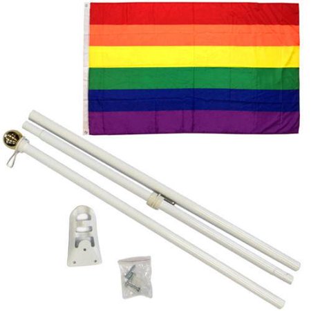 3x5 3'x5' Rainbow LGBT Gay Pride Flag White 6ft Pole Kit Gold Ball Top