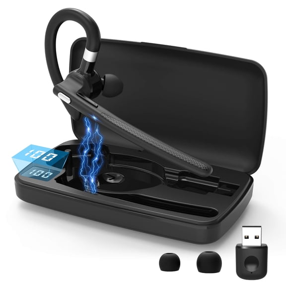 CreWear Bluetooth Headset, Wireless Bluetooth Earpiece with 500mAh Charging Case, Hand-Free Noise Canceling Headphones for Computer Trucker Office