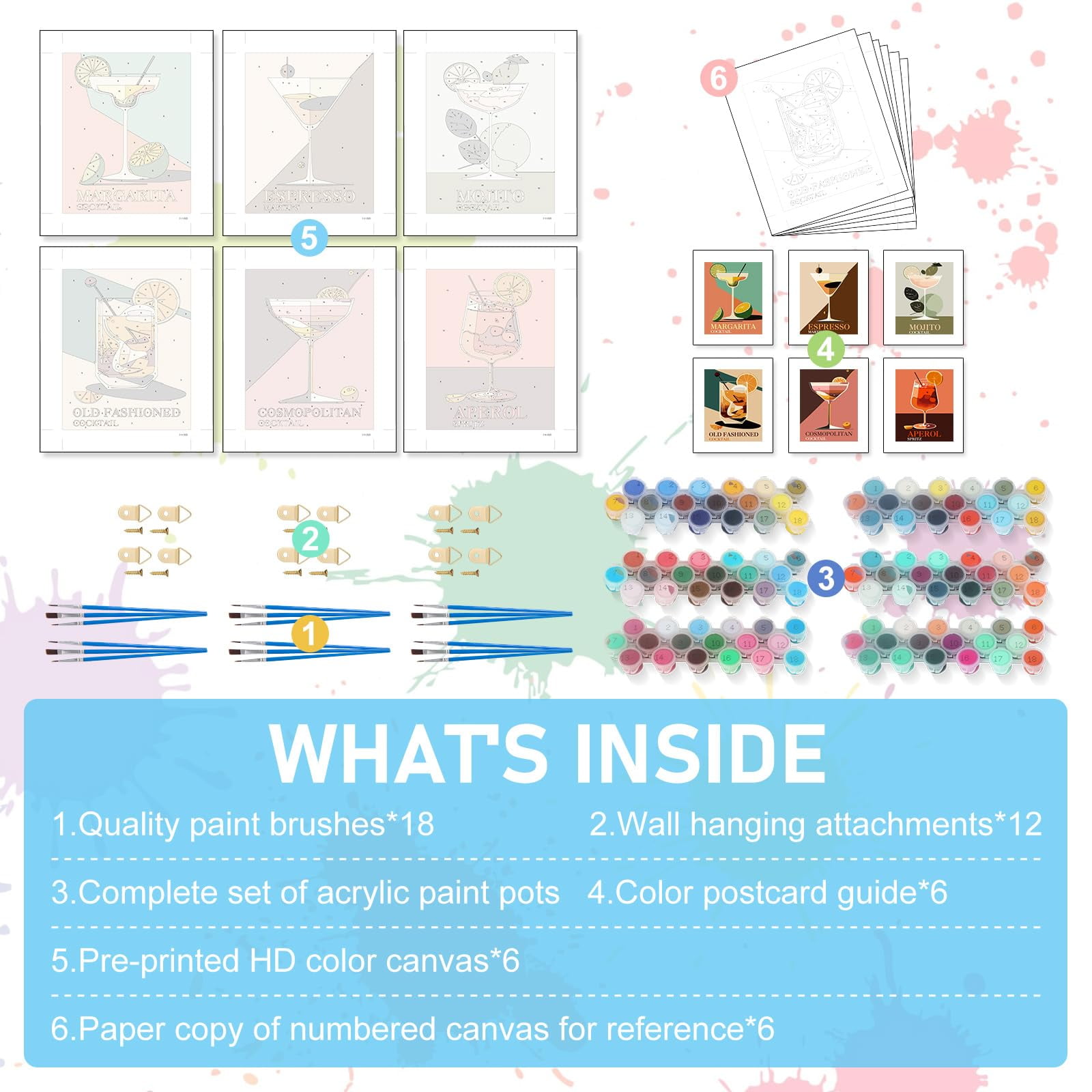 6 Pack Paint by Numbers Kit for Adults Beginners - 8x10 Inch Cocktail Adult Paint by Number Kits on Canvas, DIY Acrylic Oil Number Painting Kits for Adults, Perfect for Gift Home Decor（No Frame）