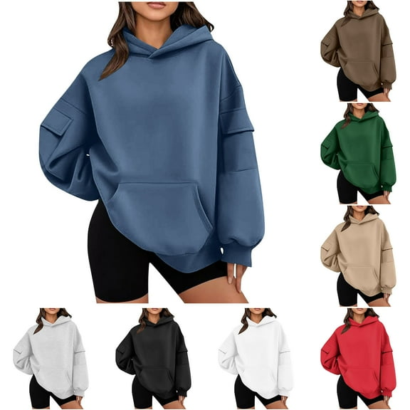 HomeDM Women's Hoodies Sweatshirts Solid Color Long Sleeve Pullover Tops Sweatshirts with Pockets for Women - Navy/L