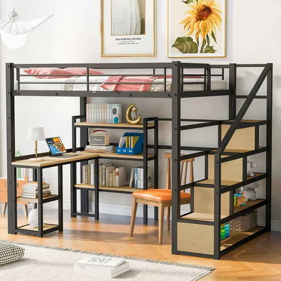 Bellemave Full Size Metal Loft bed with Stairs and Desk, Heavy-Duty Steel Loft Bed Frame Built-in Storage Shelves, Loft bed Full for Teens Adults,Black