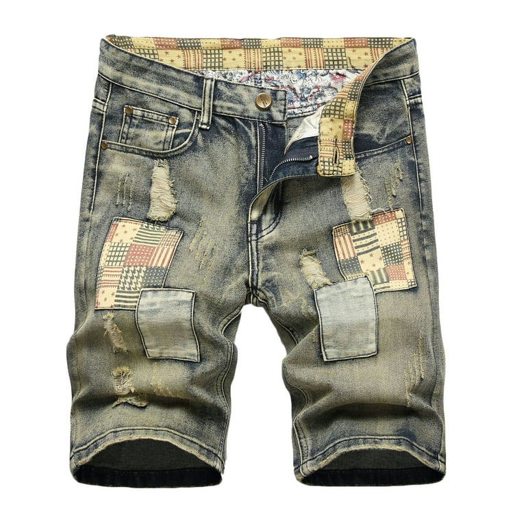 cllios Prime Deals 2024 Mens Ripped Denim Shorts Big and Tall Distressed Jean Shorts Washed Work Stretchy Zipper Denim Shorts with Pocket