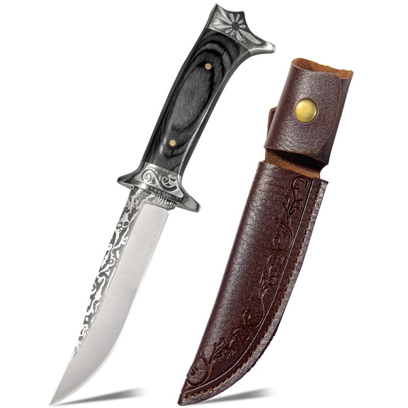 Fixed Blade Utility Knife with Engraved Stainless Steel Blade, Wood Handle & Leather Sheath for Outdoor Camping & Tasks