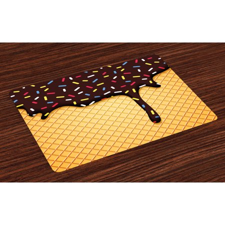 Ice Cream Placemats Set of 4 Waffle Chocolate Flavor Dessert Delicious Yummy Backdrop Stylish Graphic, Washable Fabric Place Mats for Dining Room Kitchen Table Decor,Dark Brown Mustard, by