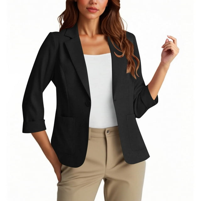 HongQid Blazer Décontracté pour Femmes à un Bouton devant, Manches 3/4 Froncées, Col Cranté, Léger pour Bureau avec Poches