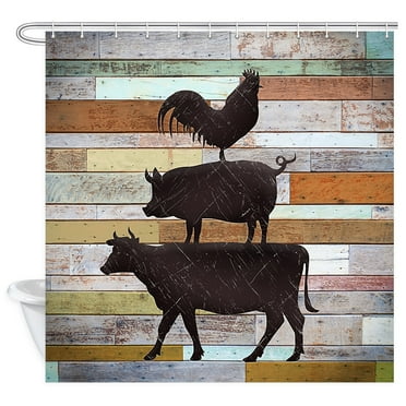 Rustic Farmhouse Shower Curtain, Farm Animal Cow Chicken and Pig Pattern on Wooden BoardsShower Curtain, Country Barnyard Life Fabric Shower Curtains Set with Hooks 69W X 70L Inch