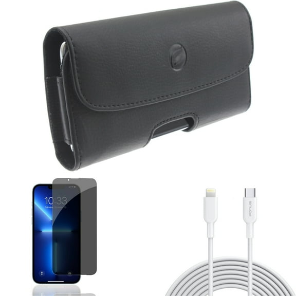 Privacy Screen Protector & Case Belt Clip & 10ft PD Cable for iPhone 13/Pro ONLY - Tempered Glass Curved Anti-Spy   Leather Holster Cover   USB-C Fast Charger Long Combo