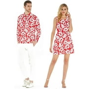 Couple Matching Hawaiian Luau Cruise Outfit Shirt Tank Dress Flamingo in Love