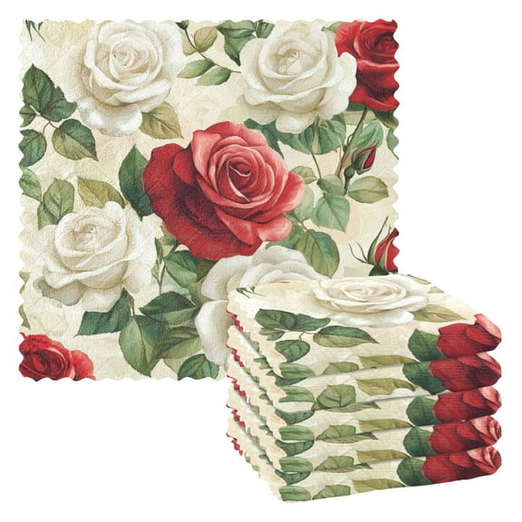Qxltty Red White Rose Pattern Kitchen Towels Set of 6 Ultra Soft Absorbent Quick Drying Dish Cloths 11 x 11in