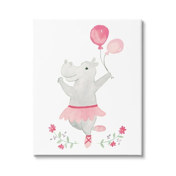 Stupell Industries Ballerina Hippo Pink Balloons Simple Floral Frame Paintings Gallery-Wrapped Canvas Print Wall Art, 36x48, by Heather Strianese