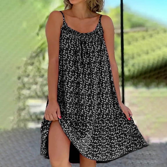 CALAFEBILA Summer Dresses for Women Sleeveless Floral Mini Sun Dress Side Split Flowy Tank Dress Short Dresses for Womens