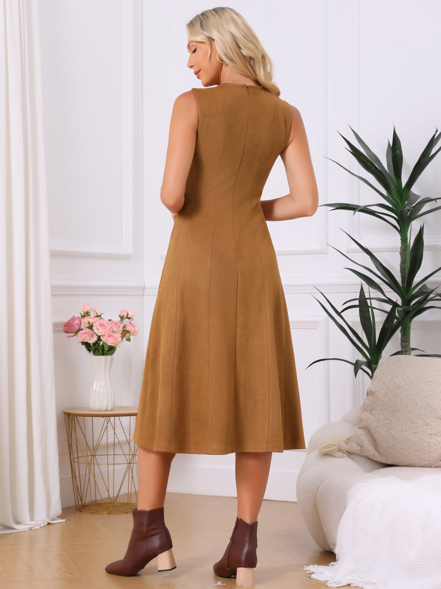 DARING DIVA Women's Faux Suede Sleeveless Crewneck A-Line Midi Dress XL Brown