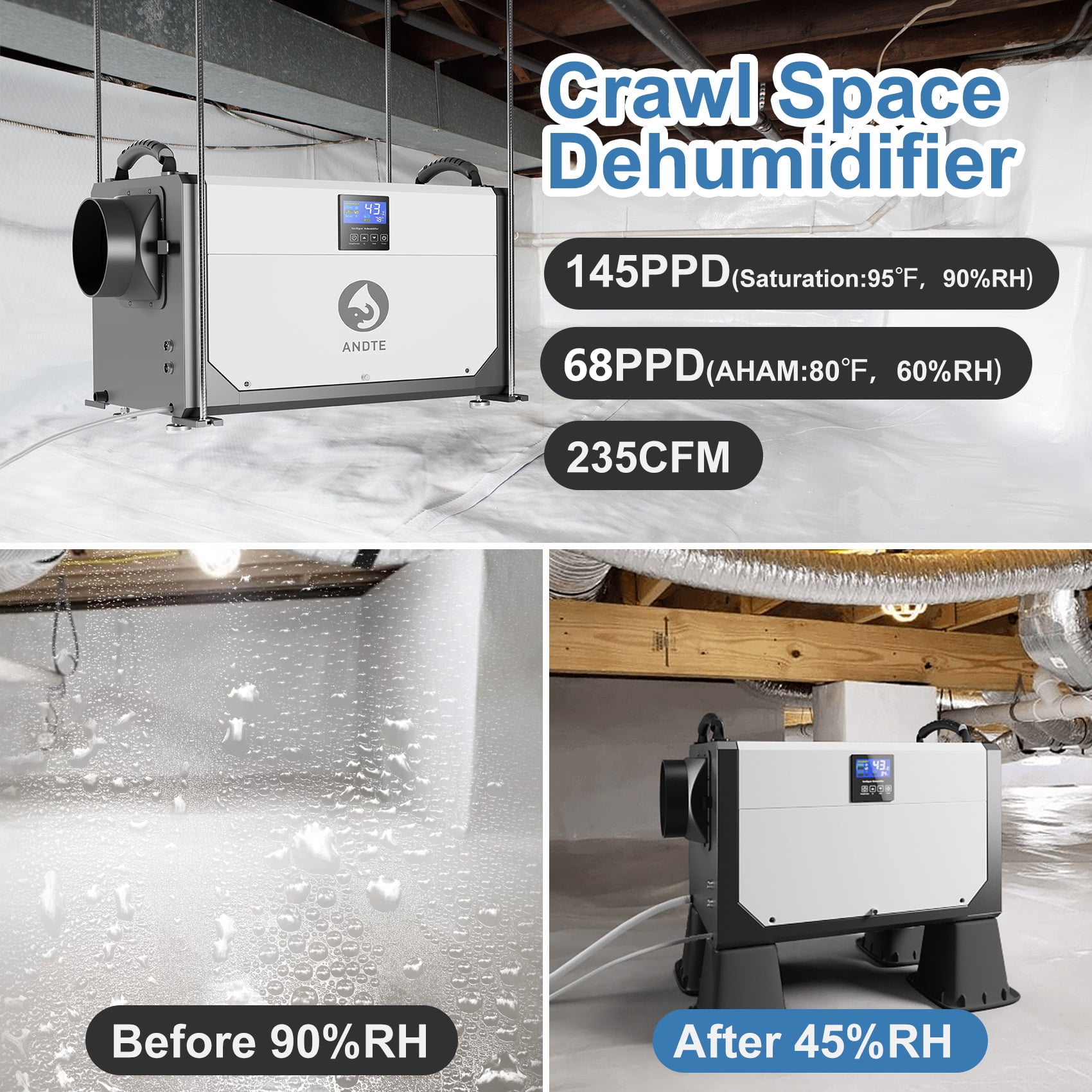 ANDTE 145 Pints Commercial Dehumidifier with Remote Control, Covers up to 2,800 sq. ft, Compact Dehumidifier for Crawl Spaces and Basements
