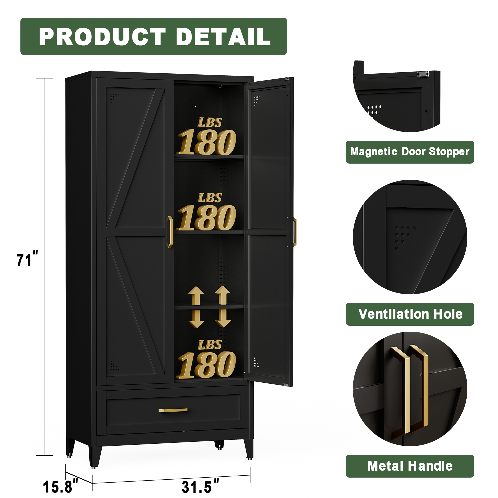 CXUZCZ 71" Tall Metal Storage Cabinets,Kitchen Pantry Cabinet with 3 Adjustable Shelves and 1 Drawer,Freestanding Cupboard for Kicthen,Dining Room,Living,Hallway,Black