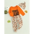 thumbnail image 3 of Halloween Newborn Baby Boys Outfits Letter Romper Bodysuit Pumpkin Pants Hat Set Long Sleeve Fall Winter Clothes 0-18M, 3 of 8