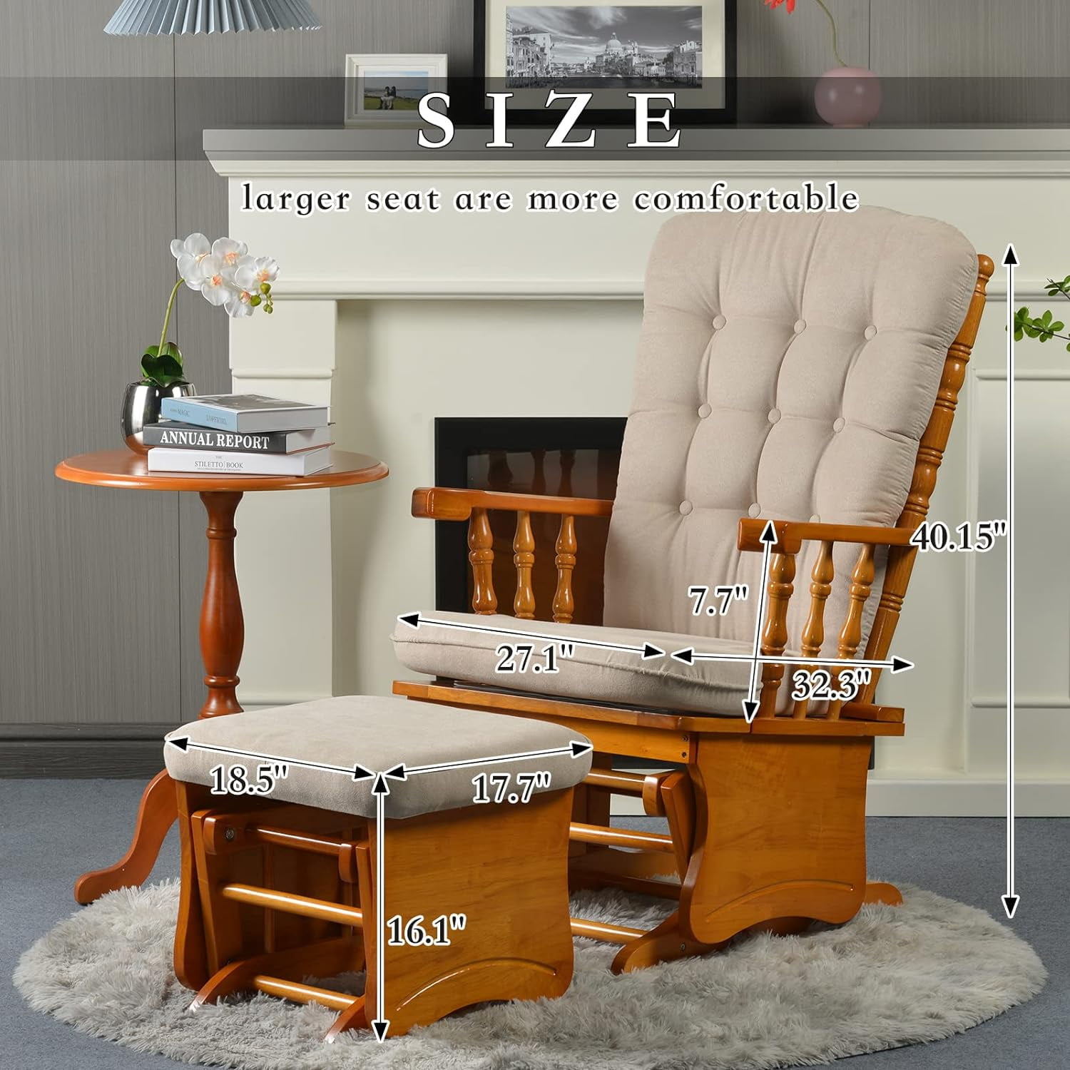 Anti-Pinch Hand Glider Chair for Nursery with Ottoman, Resistant Rubber Wood Glider Rocking Chair Sets for Nursing, Relaxing, Living Room, Bedroom, Rustic Brown