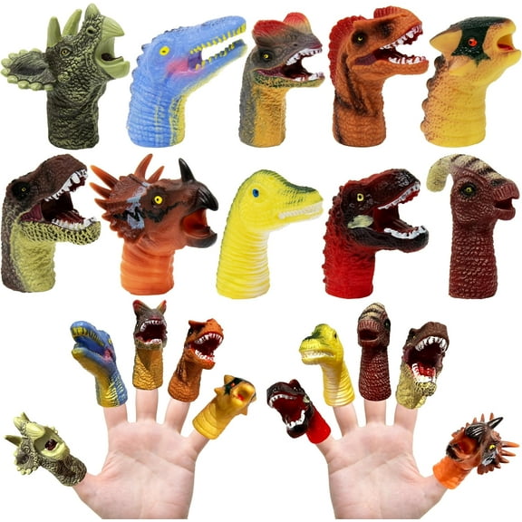 Kiddie Play Finger Puppets for Kids, 10 pc Dinosaur Puppets Rubber Set for Story Time and Bath Toys