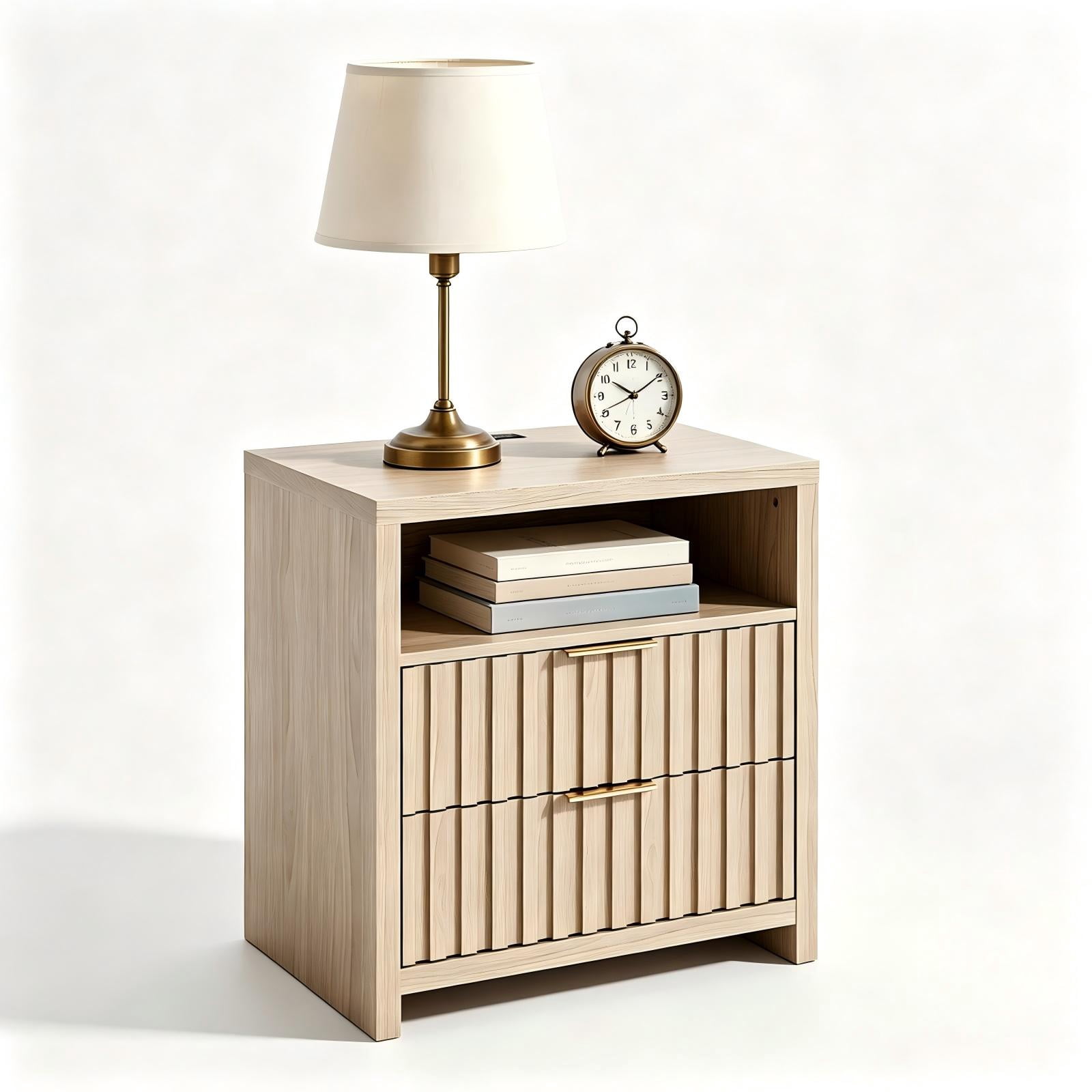 Astoutdoor 2-Drawer 1-Shelf Bedside Table, Light Gray Wood, 23.6 x 15.6 x 25.2 in