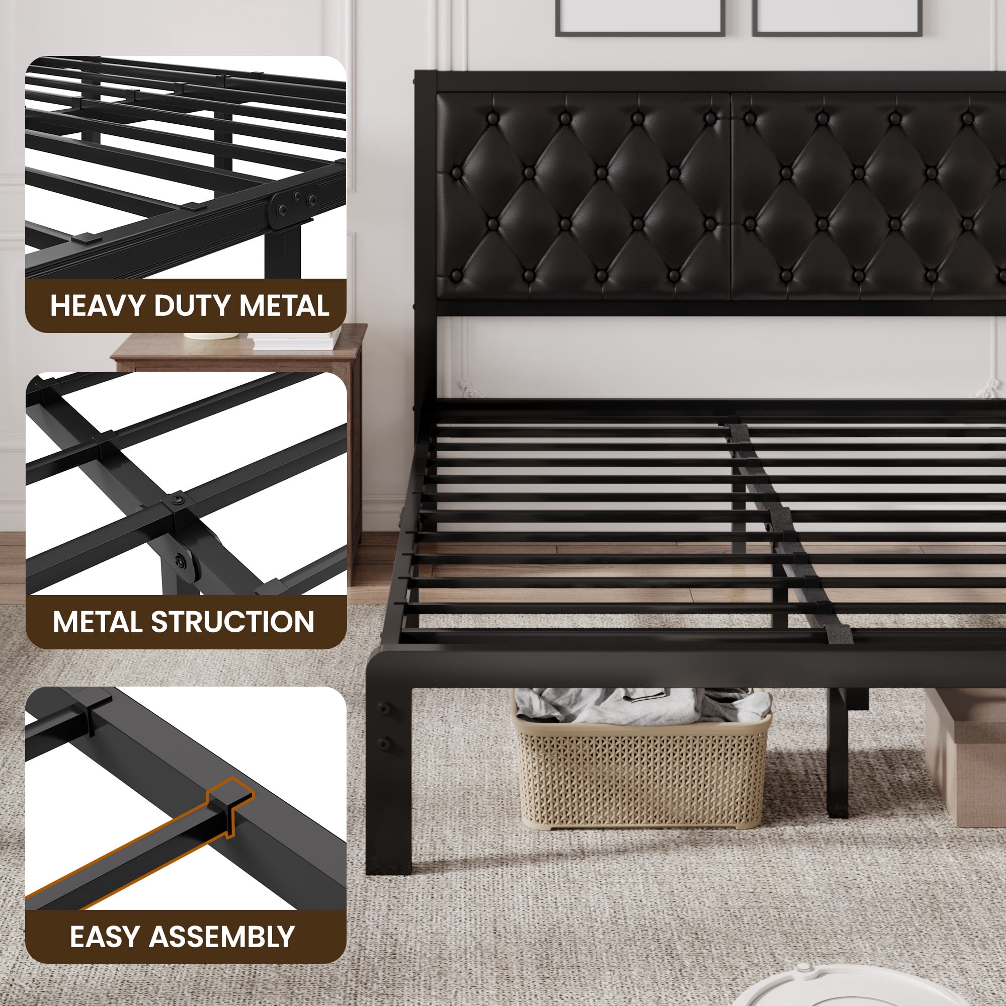 Lifezone Bed Frame with Upholstered Headboard, Queen, Metal Support, No Box Spring Needed, Modern Black