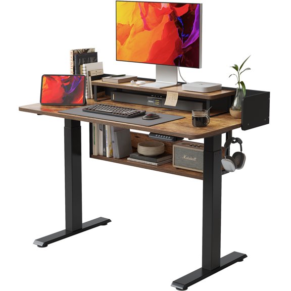 FEZIBO 48x24 Inches Standing Desk Adjustable Electric Height with Drawers, Double Storage Shelves Stand Up Desk, Home Office Workstation Sit Stand up Desk (Rustic Brown)