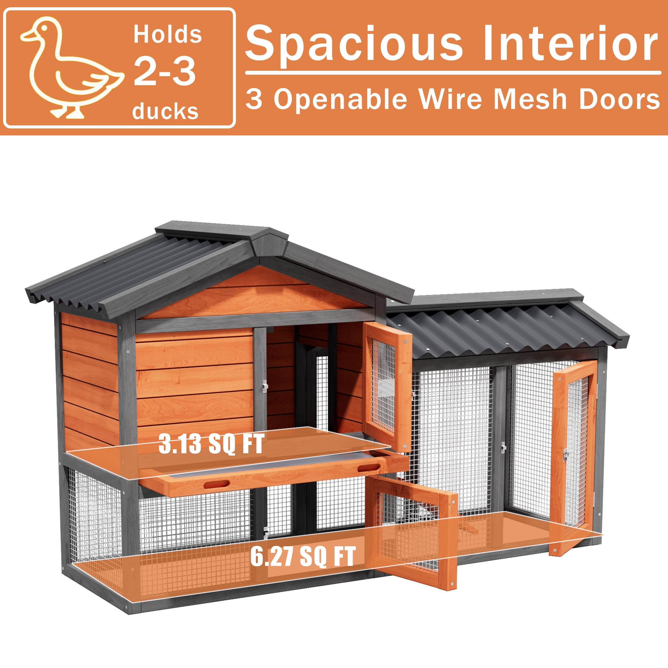 Predator Proof Outdoor 2 Story Duck Condo with Weatherproof Brooder,Duck Hutch with Wire Mesh Run,58",Orange with Black