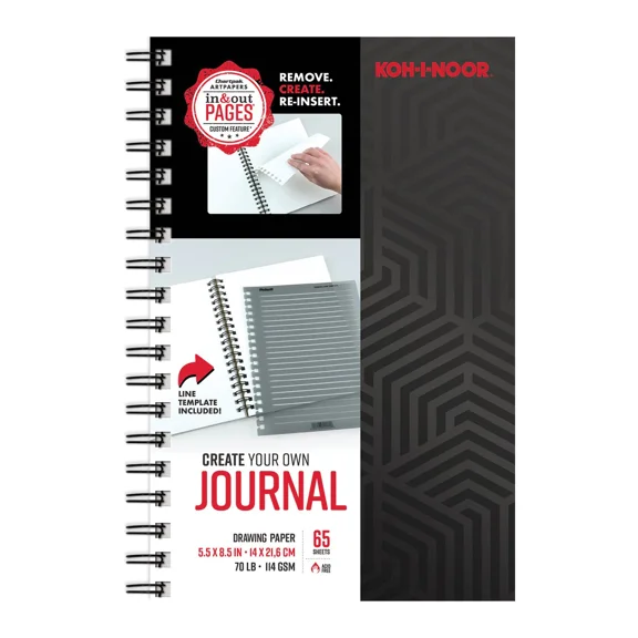 Koh-I-Noor 5.5" x 8.5" Create-Your-Own Journal with Line Template, Heavy Sketching Bright White Paper Pad with "In & Out" Pages, 70 lb. / 114 GSM, Side Wire-Bound, 65 Sheets/Pad, 1 Each