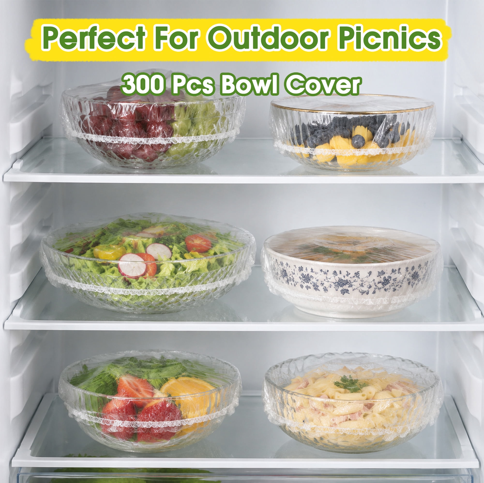 300 Pcs Stretch Bowl Covers, 2 Sizes Disposable Plastic Bowl Covers, Elastic Food Storage Covers, Plastic Bowl Lids for Leftovers, Fruit, Salad, Kitchen, Refrigerator, Outdoor Picnic