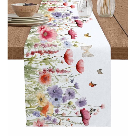 Ldtrchee Spring Floral Table Runner 72 Inches, Coloful Summer Botanical Flowers Butterfly Bed Runner Dresser Scarves Tabletop for Indoor Outdoor Parties/Ceremony/Banquet, 13" x 72"