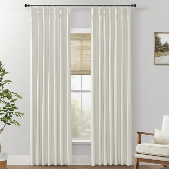 AIR-100% Blackout Pinch Pleat Curtains 108 Inches Long Living Room Bedroom Extra Long Floor to Ceiling Curtains 2 Panels Natural Cream