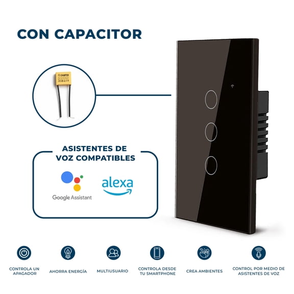 Interruptor Inteligente Wifi Aksi Negro 3 Apagadores 1200W, Compatible con Alexa y Google Assistant, Incluye Capacitor, Funciona con y sin Neutro