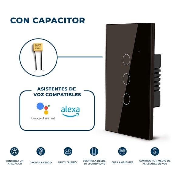 Interruptor Inteligente Wifi Aksi Negro 3 Apagadores 1200W, Compatible con Alexa y Google Assistant, Incluye Capacitor, Funciona con y sin Neutro