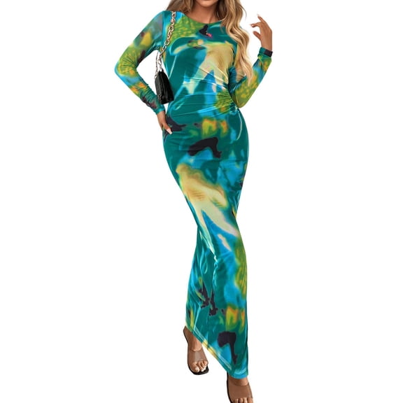Women'S Bodycon Maxi Dress Fashion Long Sleeve Floral Print Tight Fitted Party Club Ruched Dresses Dark Green XS