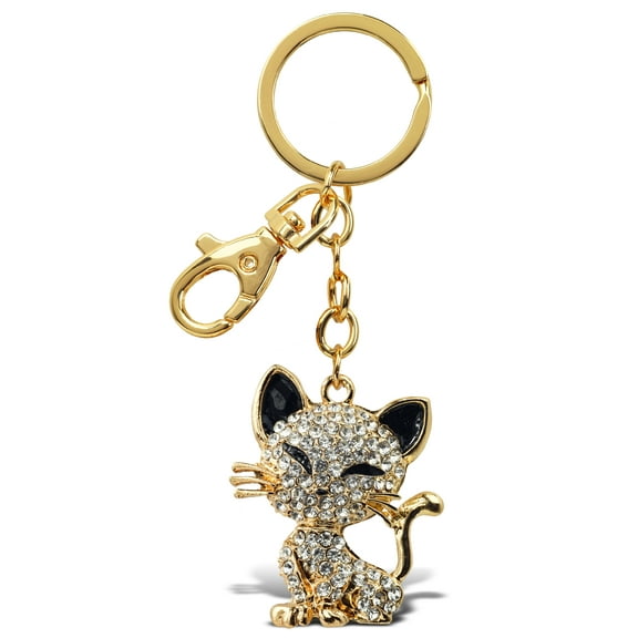 Aqua79 Happy Cat Keychain - Gold 3D Sparkling Charm Rhinestones Fashionable Stylish Metal Alloy Durable Key Ring Bling Crystal Jewelry Accessory with Clasp for Key Chain, Bag, Purse, and Backpack