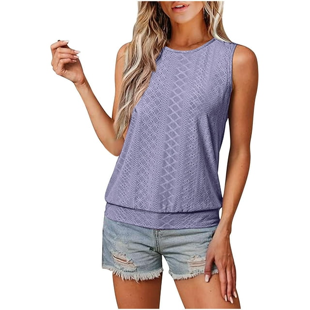Débardeurs pour Femmes Broderie Anglaise Ample Décontracté Col Rond Sans Manches Hauts d'Été Bas Bandé Vêtements de Vacances Tendance